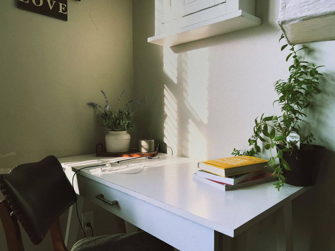 Bright small study nook with plants and compact desk