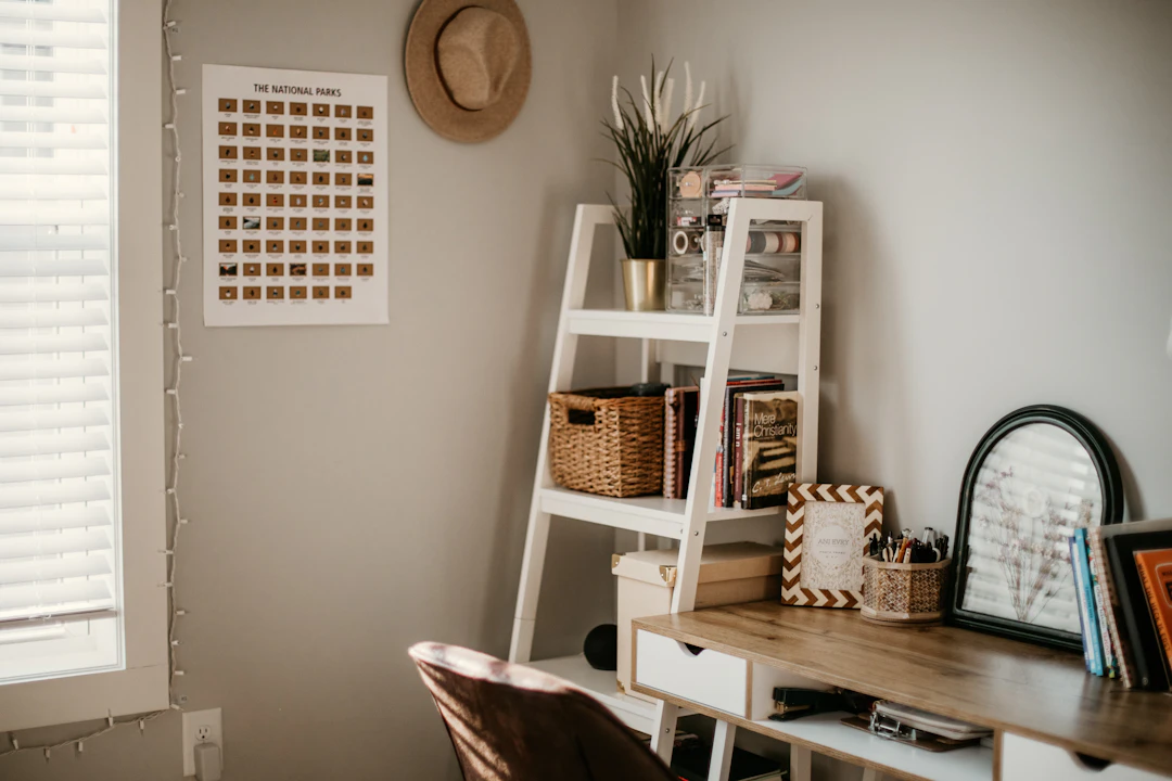 Neutral bedroom office setup with a compact desk