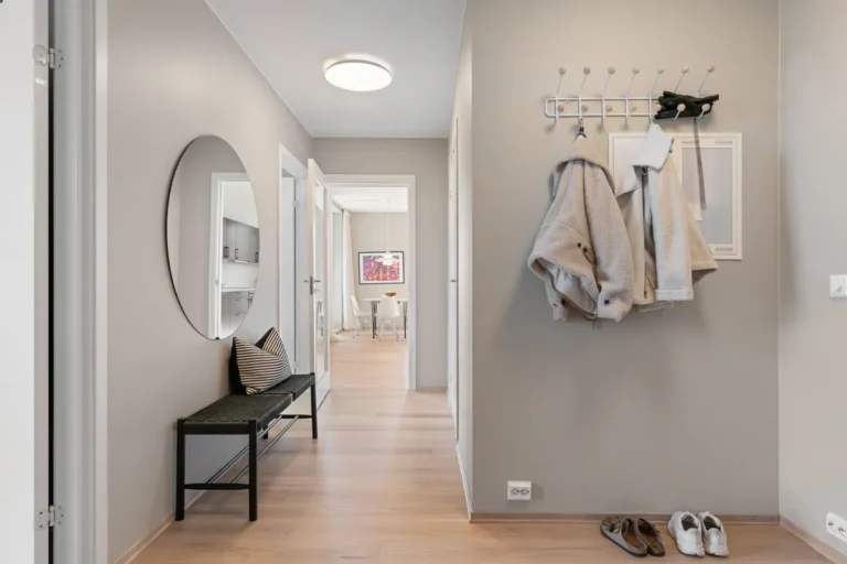 Minimal apartment hallway with compact furniture near the entry