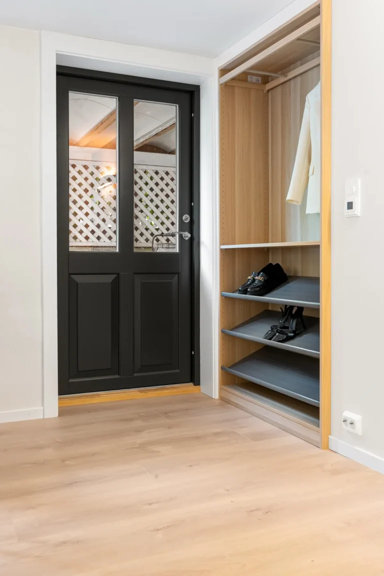 Narrow apartment entryway with a front door and compact shoe storage