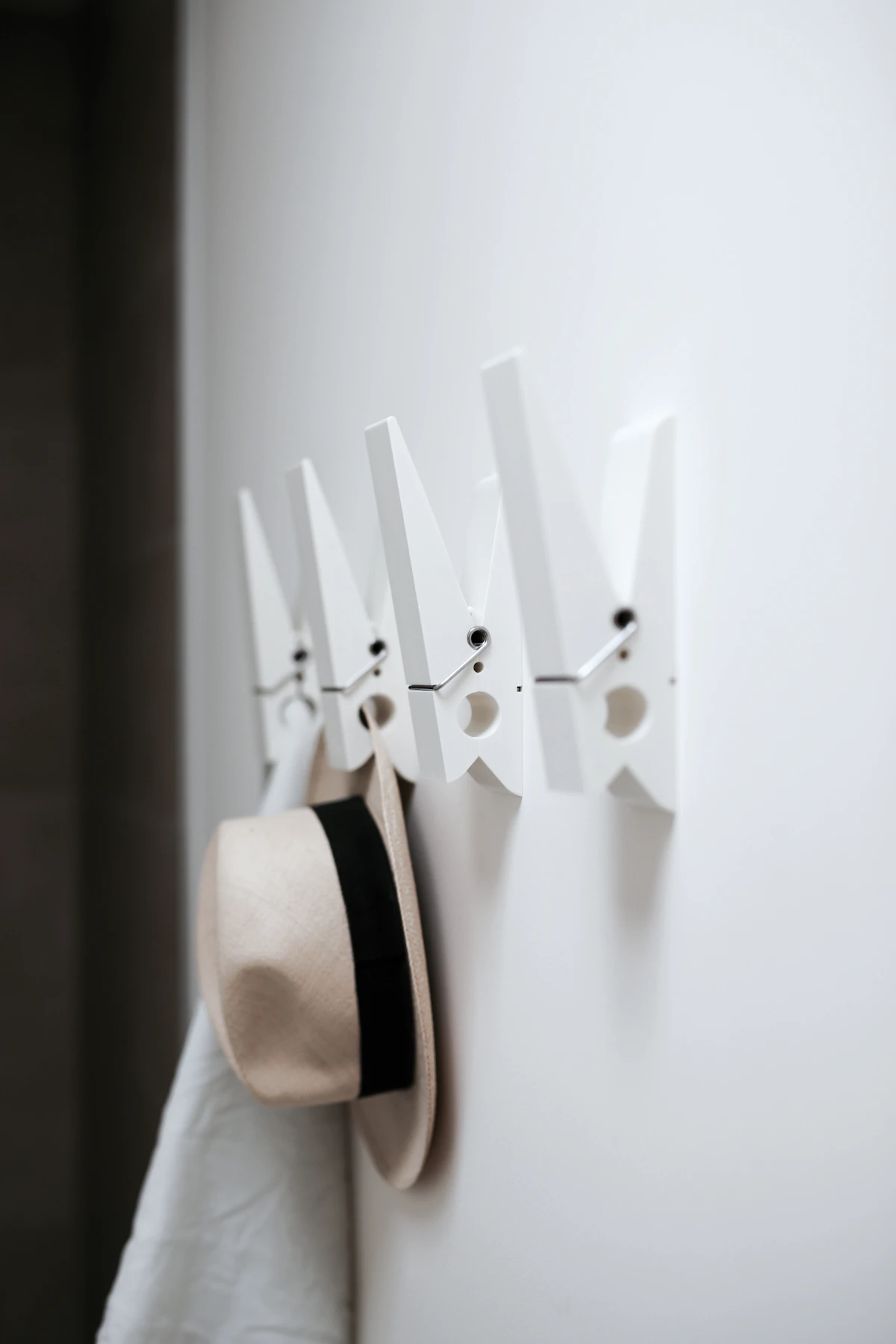 Simple white wall hook used for light entryway storage