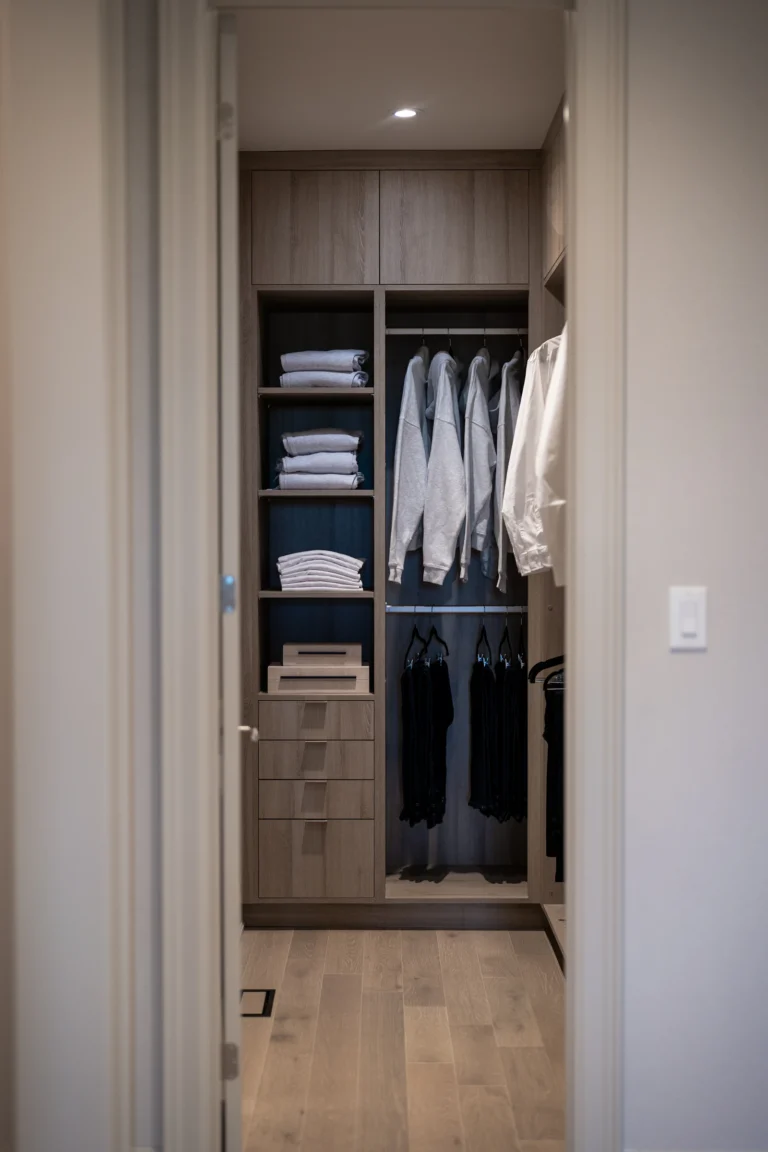 Organized closet with double hanging space, shelves and drawers