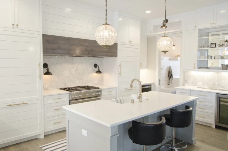 Compact kitchen with organized shelving and clear work surfaces