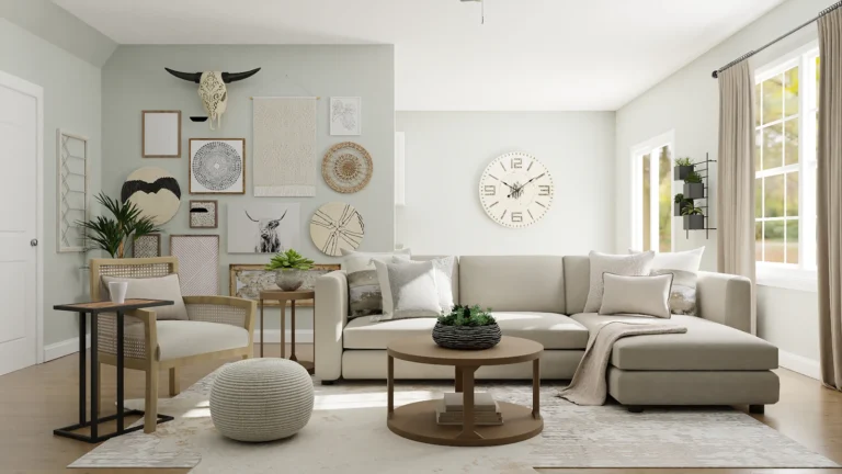 Compact living room with open shelving and hidden storage furniture