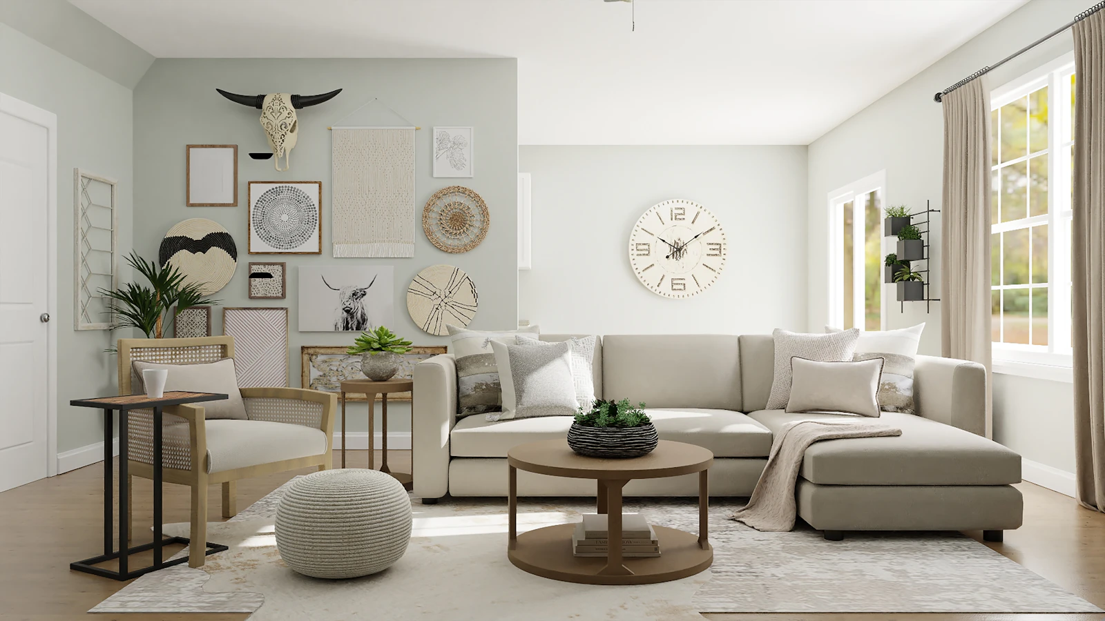 Compact living room with open shelving and hidden storage furniture